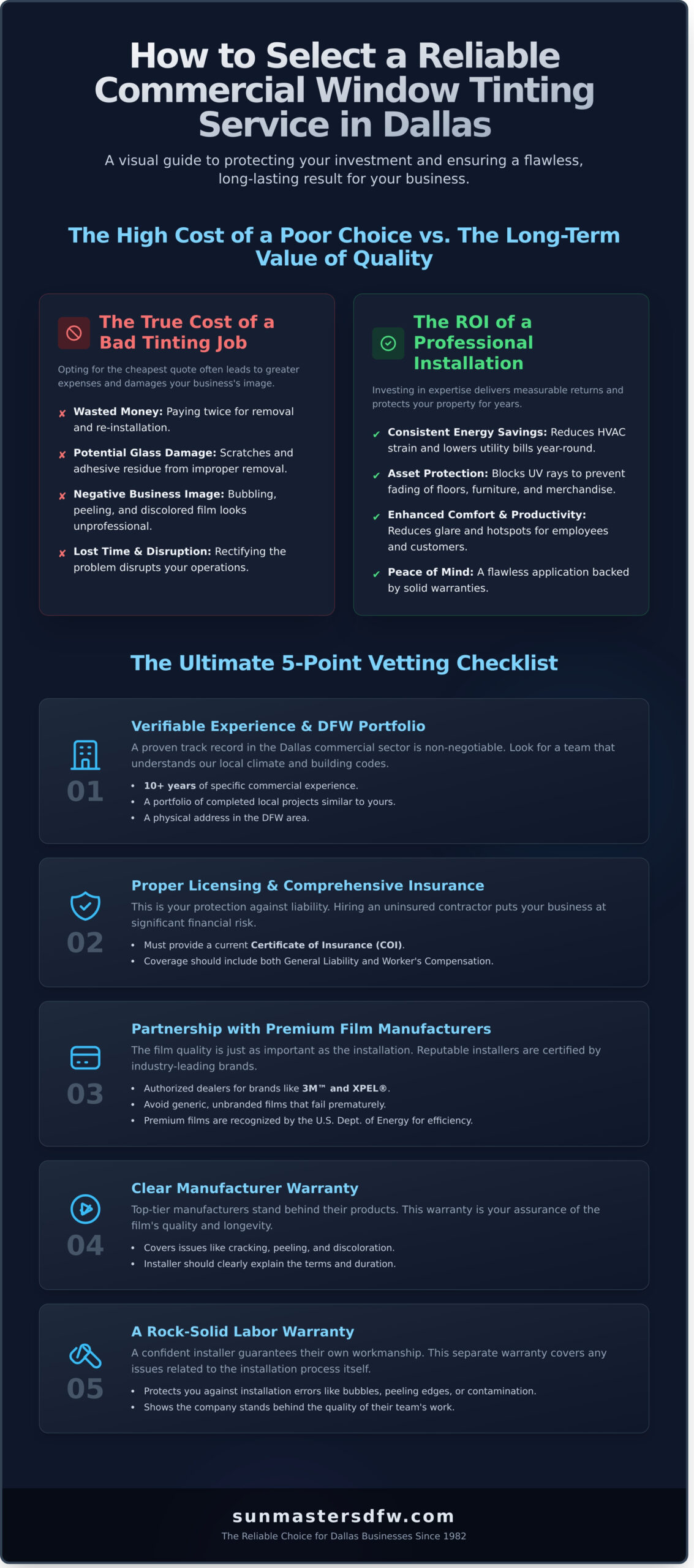 How to Choose Reliable Commercial Window Tinting Services in Dallas - Infographic