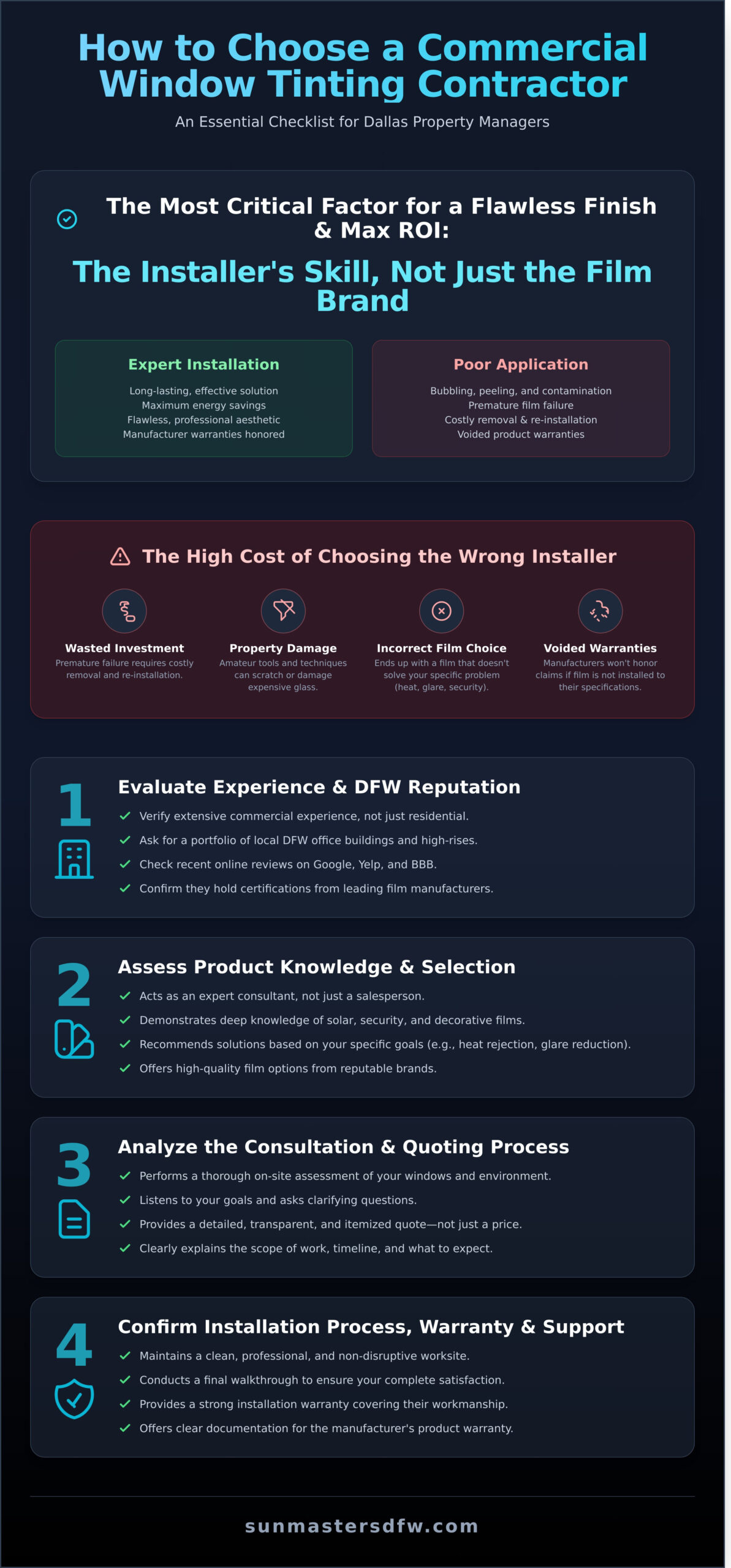 How to Compare Commercial Window Tinting Contractors in Dallas for Office Buildings - Infographic